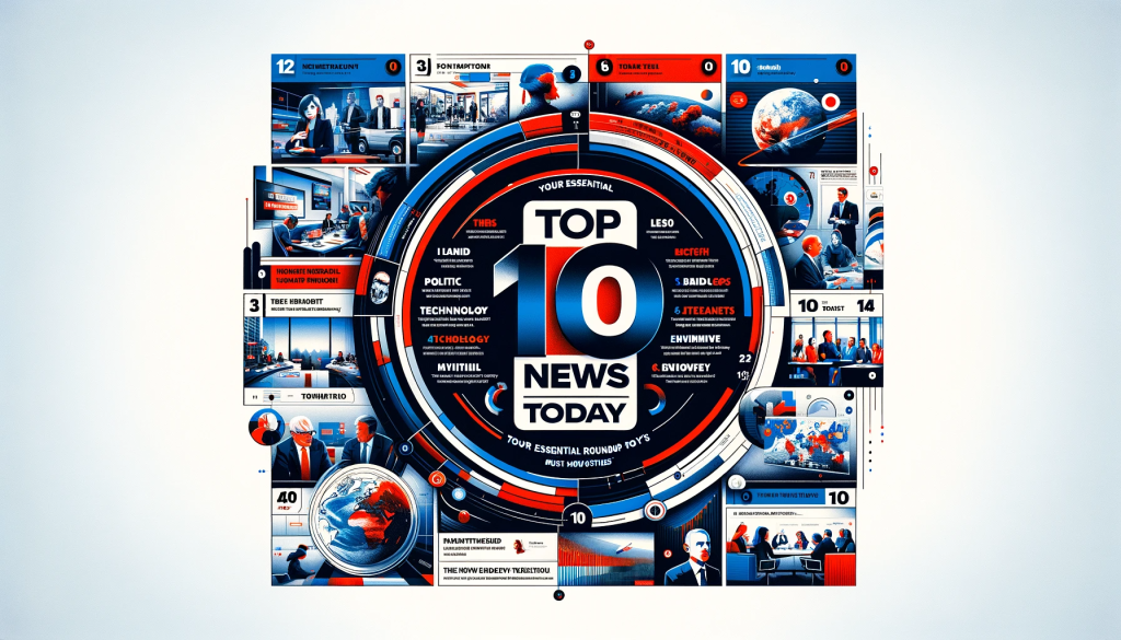Top 10 News Today" graphic with a modern, magazine-style layout, featuring a collage of images representing key stories in politics, technology, and global events, each numbered to indicate their ranking.